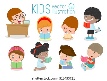 cute kids reading books on white background. Vector Illustration 