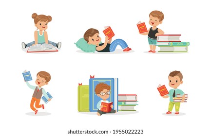 Cute Kids Reading Books Set, Tiny Adorable Boys and Girls Sitting on Stack of Books, Children Enjoying of Reading Literature Cartoon Vector Illustration