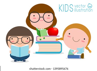 cute kids reading books,cute children reading books, Happy Children while Reading Books, world book day Vector Illustration on white background