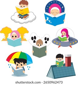 cute kids reading illustration set. fantasy, adventure, and education concept