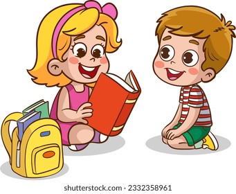 cute kids reading together vector