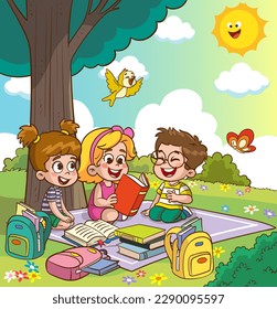 cute kids reading under the tree vector illustration