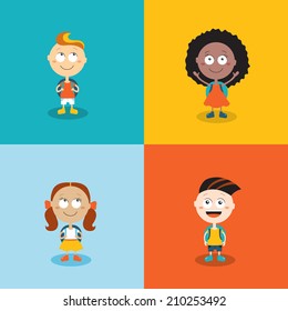 Cute Kids Ready Go Back To School. Cartoon Characters Set. Vector Illustration 