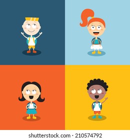 Cute Kids Ready Go Back To School. Cartoon Characters Set. Vector Illustration