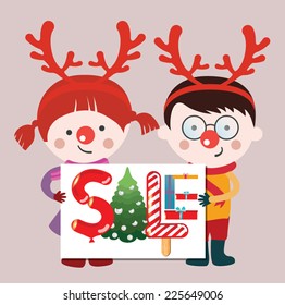Cute kids with Reindeer Ears Holding Banner Sale.