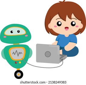 Cute Kids Repairing And Programming Broken Robot Clipart Vector