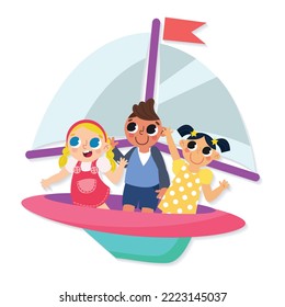 cute kids riding the boat vector 