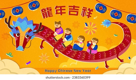 Cute kids riding dragon on orange background with festive decors. Text: Auspicious Year of Dragon.