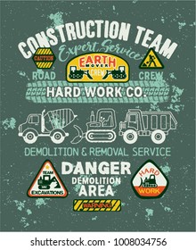 Cute kids roads construction company, grunge vector print for children wear with embroidery patches