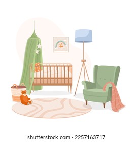 Cute kids room interior. Set of furniture for newborn. Baby wooden cradle with green boho canopy, basket, teddy bear, fox painting, chair with blanket. Vector illustration in cartoon style.