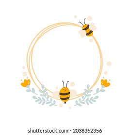Cute kids Round frame with bee and bouquet of flowers wreath. Baby scandinavian style vector circle illustration with place for text.