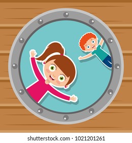 cute kids in the round window happy