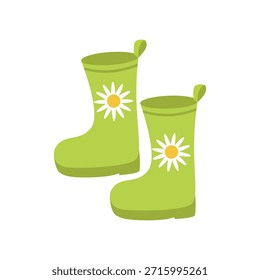 Süße Kinder Gummistiefel Vektorgrafik mit Gänseblümchenprint. Flaches wasserdichtes Regenschuh für Kinder in grüner Farbe, fröhliche Gummistiefel einzeln auf weißem Hintergrund.