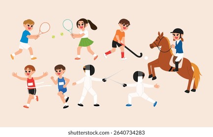 cute kids run, racing, tennis, fencing, hockey, equestrian, horseback riding, horse riding, racing, finish line, sport day cartoon, game day, happy kid character doing sport competition illustration
