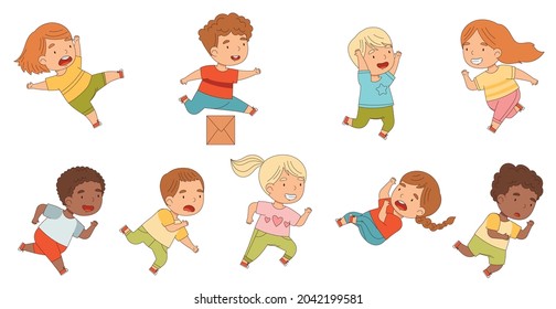 Cute Kids Running And Rushing Away At Full Speed Stumbling Vector Set