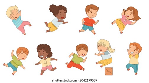 Cute Kids Running and Rushing Away at Full Speed Stumbling Vector Set