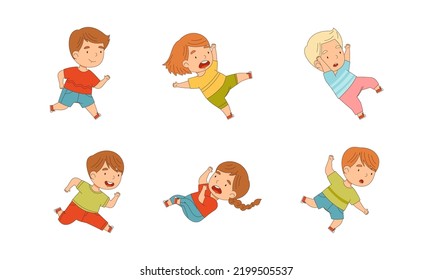 Cute Kids Running and Rushing Away at Full Speed Stumbling Vector Set