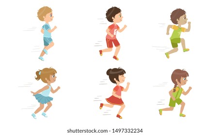 Cute Kids Running Set, Adorable Boys and Girls Doing Sport, Taking Part at Running Competition, Marathon Vector Illustration