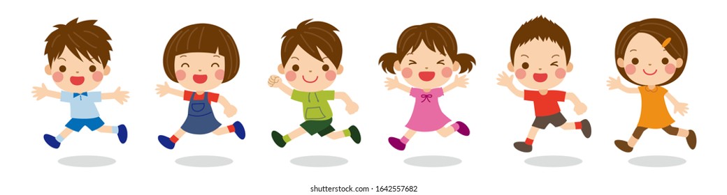 Cute kids running together with different face expressions