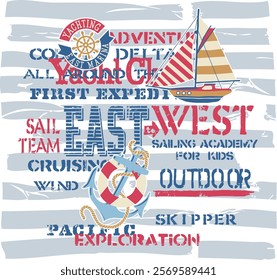Cute kids sailing cruise yacht club elements and badges patchwork abstract grunge vector for marine baby children wear fabric shirt sweatshirt, pajamas