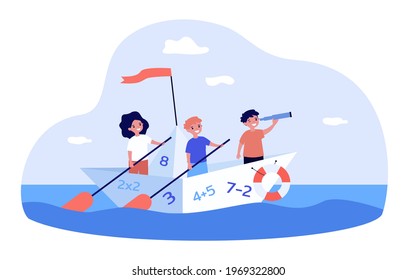 Cute kids sailing on boat with numbers. Math, study, sea flat vector illustration. Education and exploration concept for banner, website design or landing web page