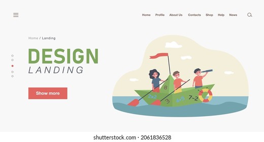 Cute kids sailing on boat with numbers. Math, study, sea flat vector illustration. Education and exploration concept for banner, website design or landing web page