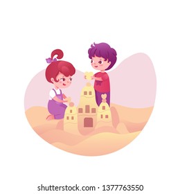 Cute kids with sandcastle vector illustration. Cartoon kids, children at seaside. Siblings, brother and sister, friends. Beach, outdoor activities. Playing in sand, childhood leisure time flat drawing