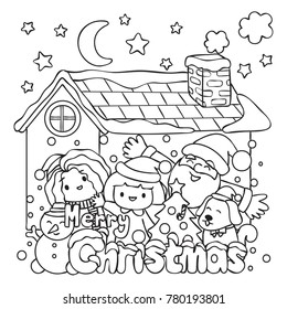 Cute kids and Santa claus celebrate Christmas in front of their house, design for creeting card,coloring book page for kids and teen. Vector illustration