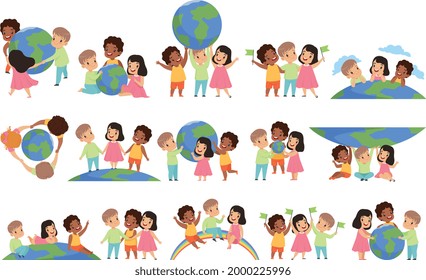 Cute Kids Save the World Set, Happy Boys and Girls Protecting Earth Planet Cartoon Vector Illustration