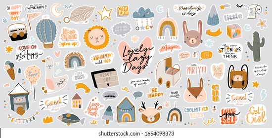 Cute kids scandinavian characters set including trendy quotes and cool animal decorative hand drawn elements. Cartoon doodle  illustration for baby shower, nursery room decor, children design. Vector.