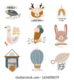 Cute kids scandinavian characters set including trendy quotes and cool animal decorative hand drawn elements. Cartoon doodle  illustration for baby shower, nursery room decor, children design. Vector.