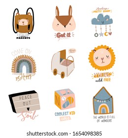 Cute kids scandinavian characters set including trendy quotes and cool animal decorative hand drawn elements. Cartoon doodle  illustration for baby shower, nursery room decor, children design. Vector.