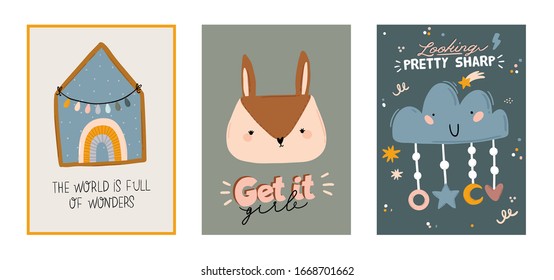 Cute kids scandinavian characters set including trendy quotes and cool animal decorative hand drawn elements. Cartoon doodle  illustration for baby shower, nursery room decor, children design. Vector.