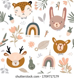 Cute kids scandinavian seamless pattern with funny animals, kids mobile toys, beanbag, leaves, flowers. Cartoon doodle  illustration for baby shower, nursery room decor, children design. Vector.