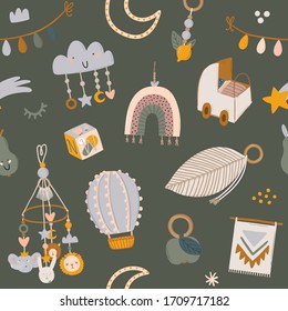 Cute kids scandinavian seamless pattern with funny animals, kids mobile toys, beanbag, leaves, flowers. Cartoon doodle  illustration for baby shower, nursery room decor, children design. Vector.