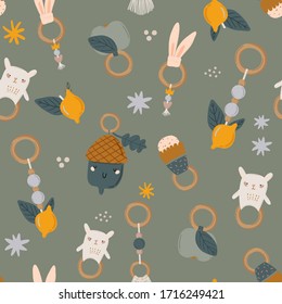 Cute kids scandinavian seamless pattern with funny animals, kids mobile toys, beanbag, leaves, flowers. Cartoon doodle  illustration for baby shower, nursery room decor, children design. Vector.