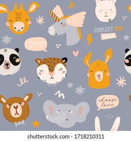 Escándalo de niños pequeños sin costura con animales graciosos, juguetes móviles para niños, bolso de belleza, hojas, flores. Dibujo de caricaturas para la ducha de bebé, decoración de la sala de viveros, diseño infantil. Vector.