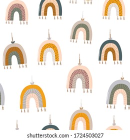 Cute kids scandinavian seamless pattern with rainbow, kids mobile toys, beanbag. Cartoon doodle  illustration for baby shower, nursery room decor, children design. Vector.