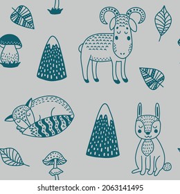 Cute kids Scandinavian seamless pattern with funny animals. Rabbit, sheep, forests, mountains and mushrooms. Cartoon illustration with doodles for baby shower, nursery decor, children design. Vector.