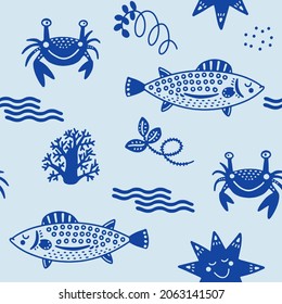 Cute kids Scandinavian seamless pattern with funny sea creatures. Fish, crab, coral and star. Cartoon illustration with doodles for baby shower, nursery decor, children's design. Vector.