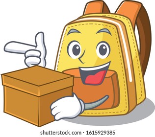 Cute kids school backpack cartoon character having a box