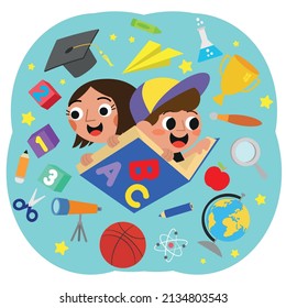 Cute kids and school objects flying with books
