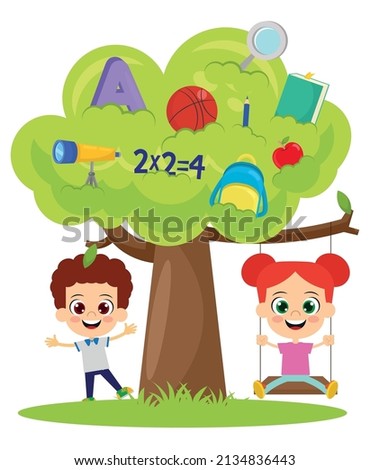 Cute kids and school objects flying with books