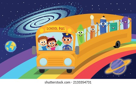 Geradete Kinder und Schulobjekte im Schulbus
