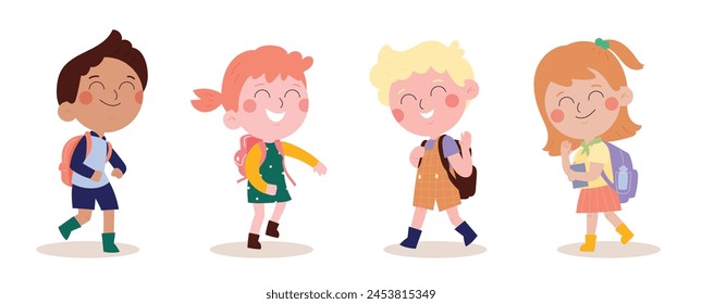 Cute kids with school supplies vector. Set for children characters design in different poses, Happy and smile people. back to school vector illustration.
