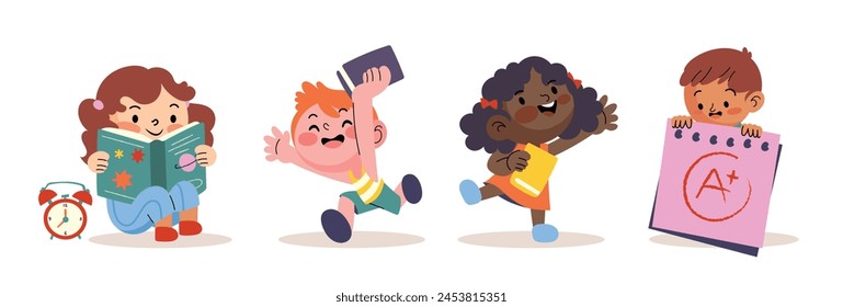 Cute kids with school supplies vector. Set for children characters design in different poses, Happy and smile people. back to school vector illustration.