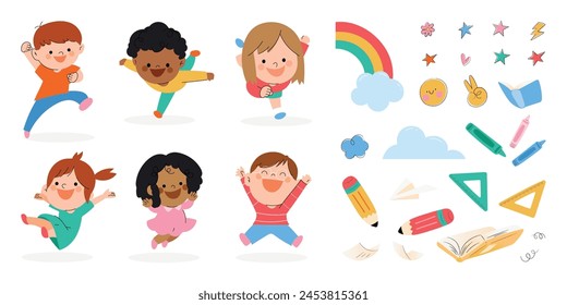 Cute kids with school supplies vector. Set for children characters design in different poses, Happy and smile people. back to school vector illustration.