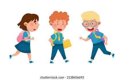 Cute kids in school uniform going to school with backpacks and books cartoon vector illustration