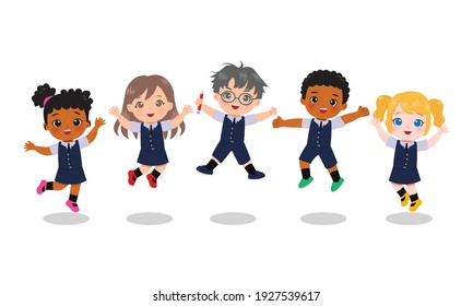 Cute kids in school uniform jumping together. Educational clip art. Flat vector cartoon isolated