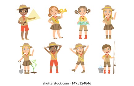 Cute Kids Scouts Camping Set, Cute Boys and Girls in Scout Costumes with Hiking Equipment Vector Illustration